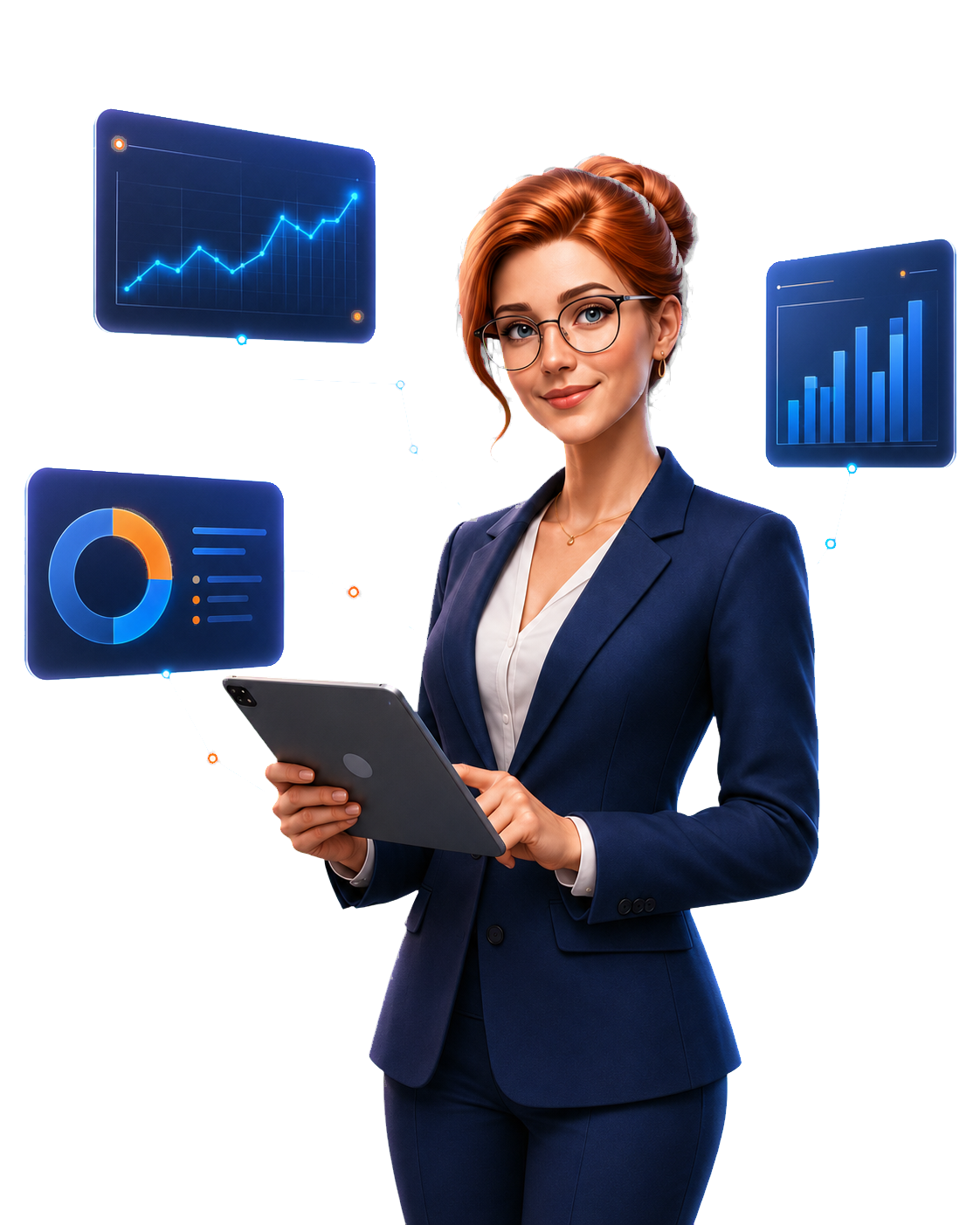 Assistente virtual da Prosol com tablet e painéis de indicadores